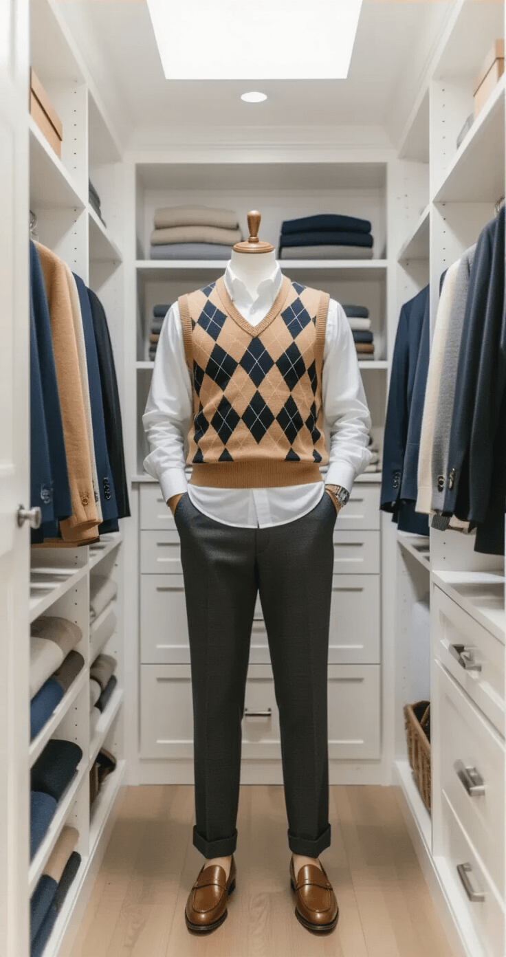 A bright, airy closet with natural light, featuring hands layering a white cotton shirt with a camel argyle sweater vest. Nearby, high-waisted charcoal trousers and polished brown loafers are visible, along with neatly organized shelves of neutral merino wool sweaters and hanging blazers in navy and black.
