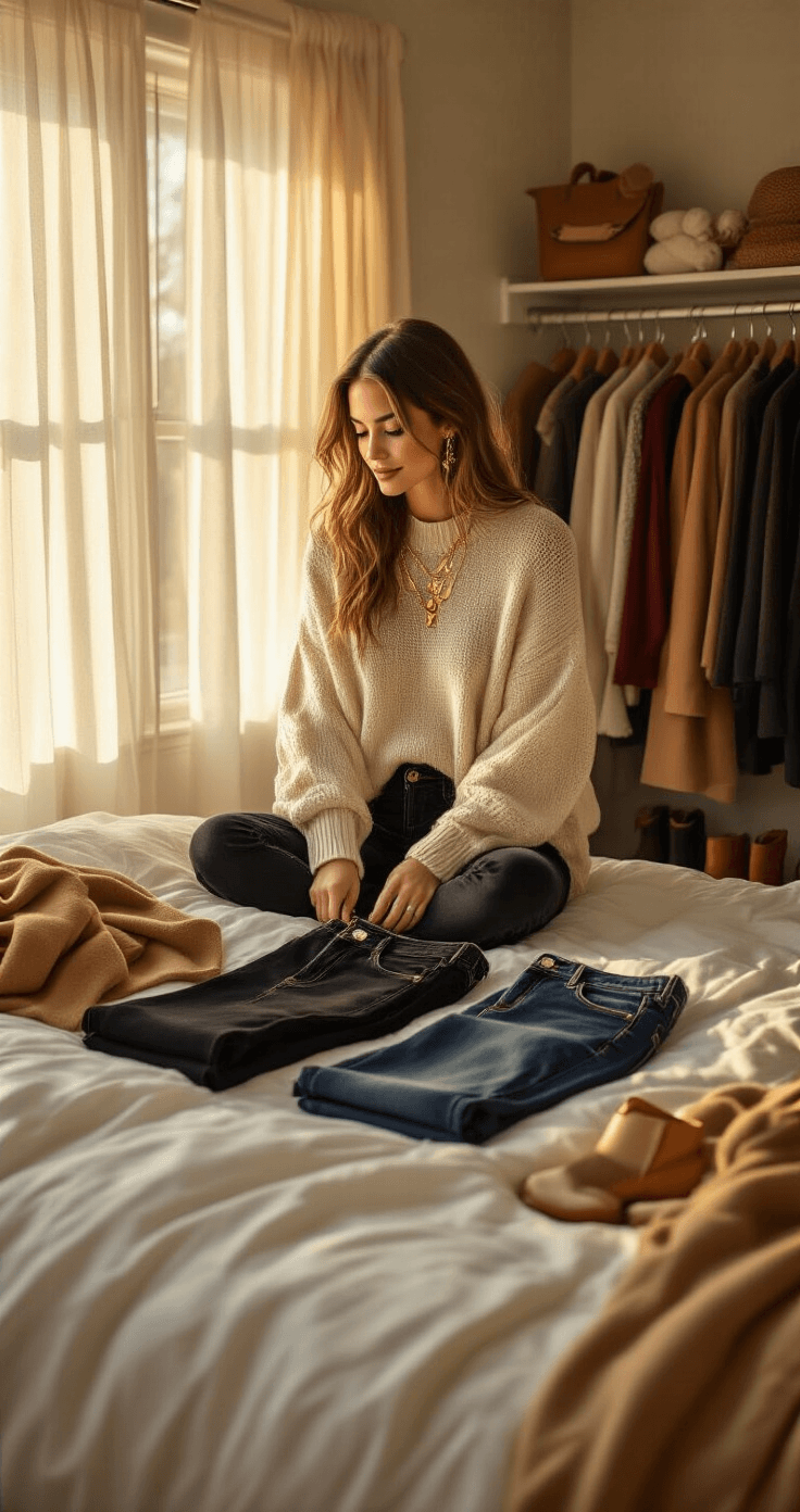A warm, photorealistic bedroom scene featuring a woman styling black jeans outfits on an unmade bed, with sunlight streaming through sheer curtains, showcasing various textures like denim, knitwear, and leather accessories, along with cozy winter clothing in her organized closet.