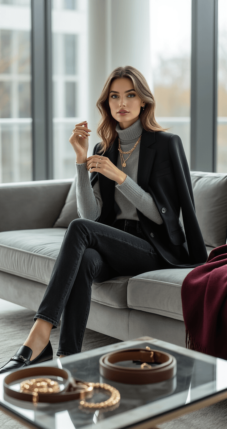 A woman elegantly sits in a minimalist modern living room, dressed in black jeans and a grey cashmere turtleneck, with a black blazer draped over her arm, as she accessorizes with gold jewelry in soft natural light.