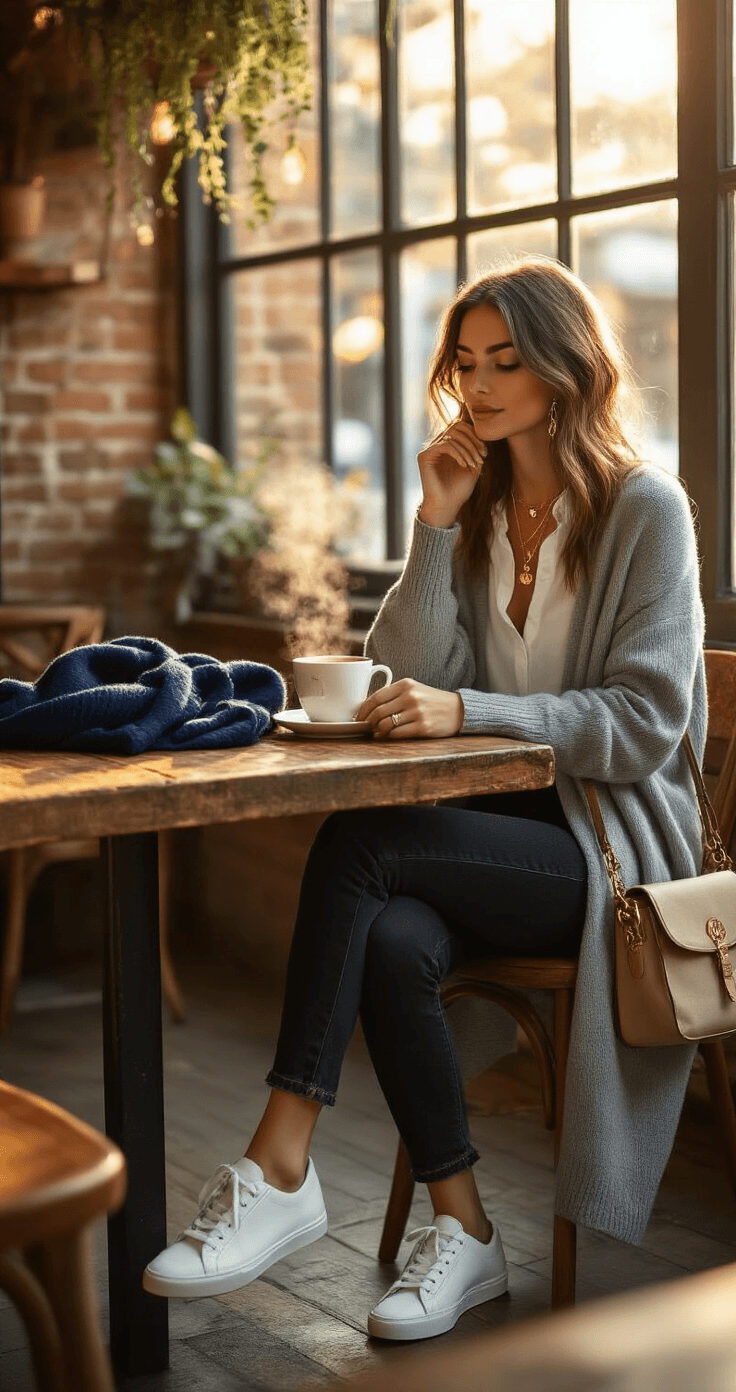 A woman in black mom jeans and a white button-down shirt layered under a grey cardigan sits at a rustic wooden table in a cozy café. Warm golden hour light filters through large windows, illuminating a steaming coffee cup and table decor including a navy wool scarf, a crossbody canvas bag, and vintage gold accessories. The backdrop features exposed brick walls and hanging plants, highlighting a casual yet sophisticated atmosphere.