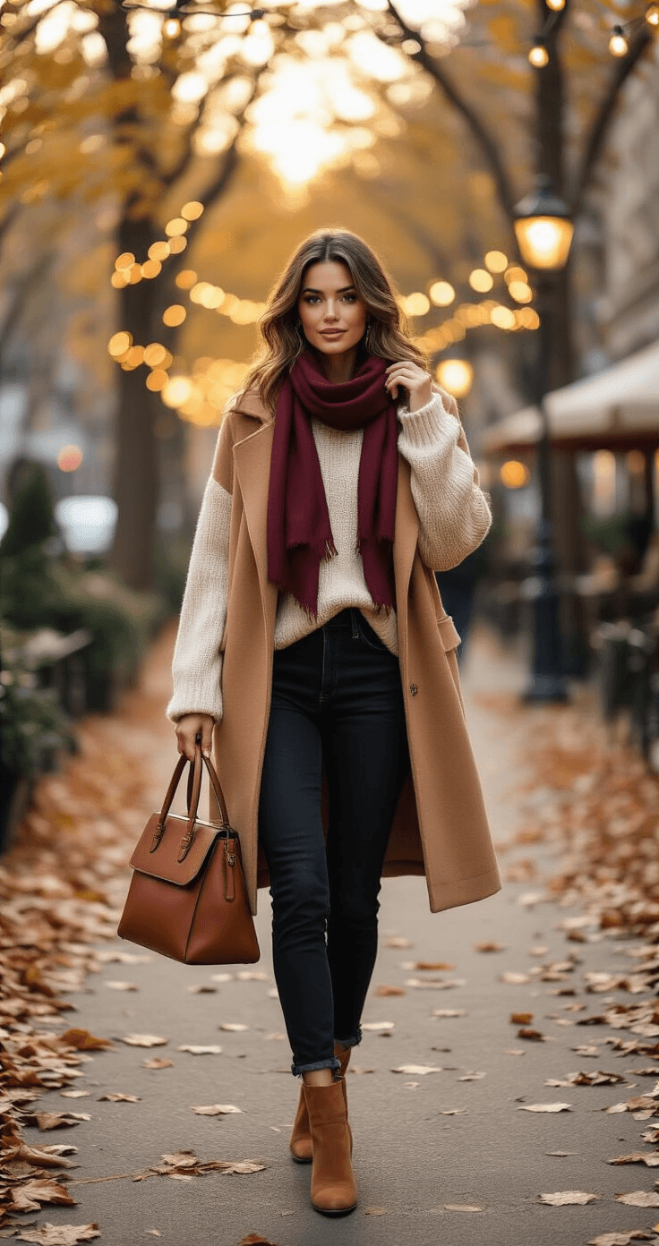 A woman models a winter outfit in an urban park during golden hour, featuring black high-waisted jeans, an oversized cream wool sweater, a camel-colored wool coat, and tan suede ankle booties. She adjusts a burgundy silk scarf while walking along a tree-lined path with autumn leaves, with café string lights softly glowing in the background.