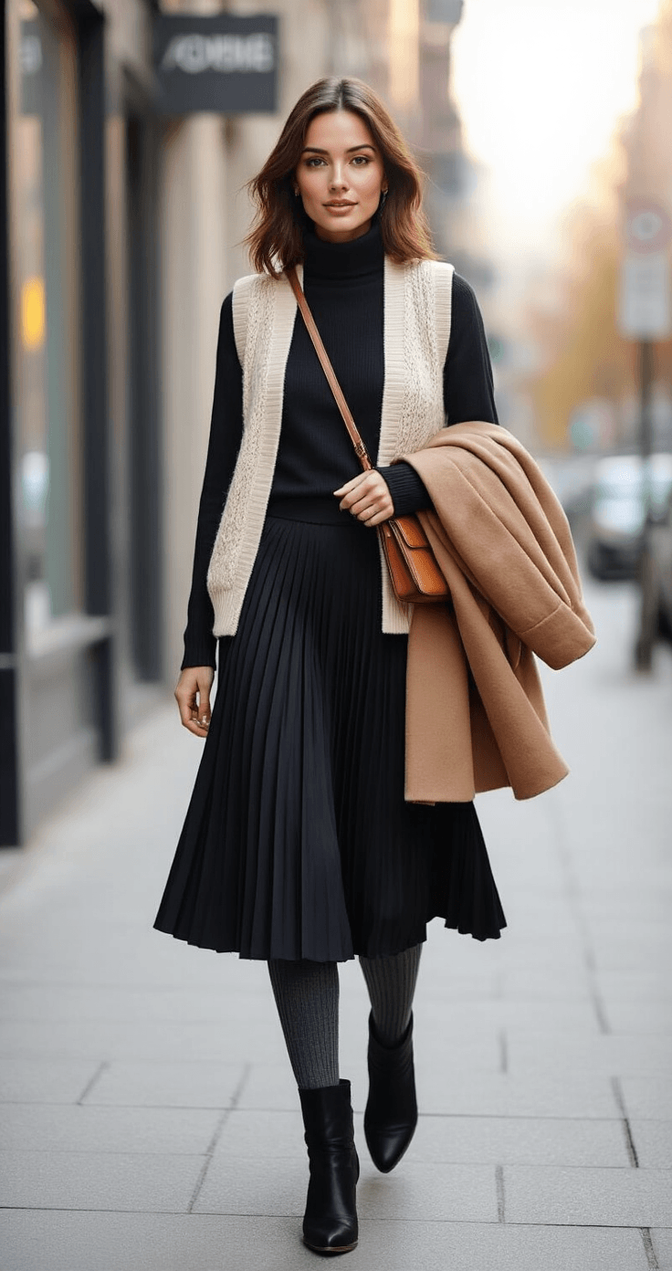 A confident woman walks on an urban sidewalk during soft afternoon light, wearing a black pleated midi skirt, fitted turtleneck, and chunky cream knit sweater vest, paired with ribbed charcoal tights and knee-high black suede boots. She carries a camel wool coat and a textured leather crossbody bag, set against modern storefronts, captured with an 85mm lens to highlight her effortless winter style.