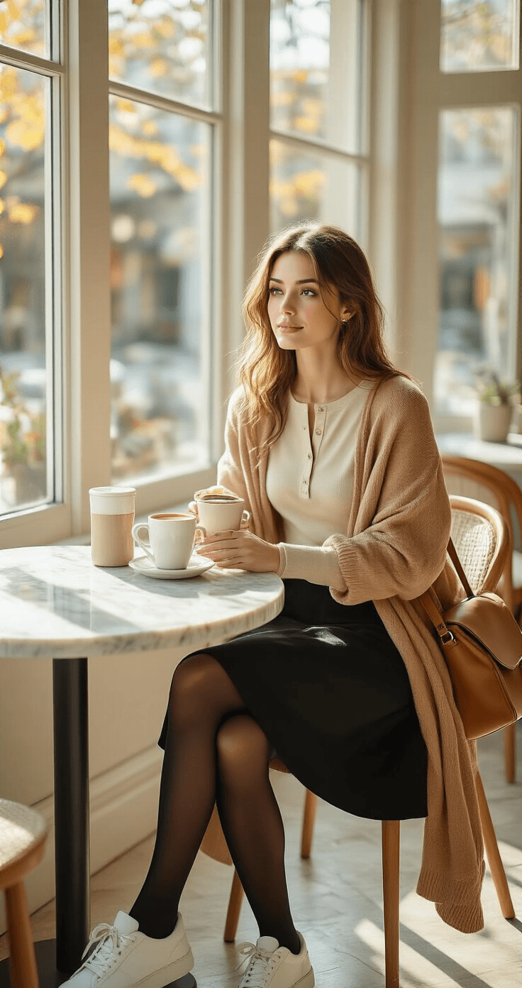 A relaxed woman in a black A-line midi skirt, fitted cream henley, and oversized camel cardigan seated at a bright café table, reaching for her coffee. Soft morning light filters through large windows, illuminating the cozy scene with warm neutrals and textures.