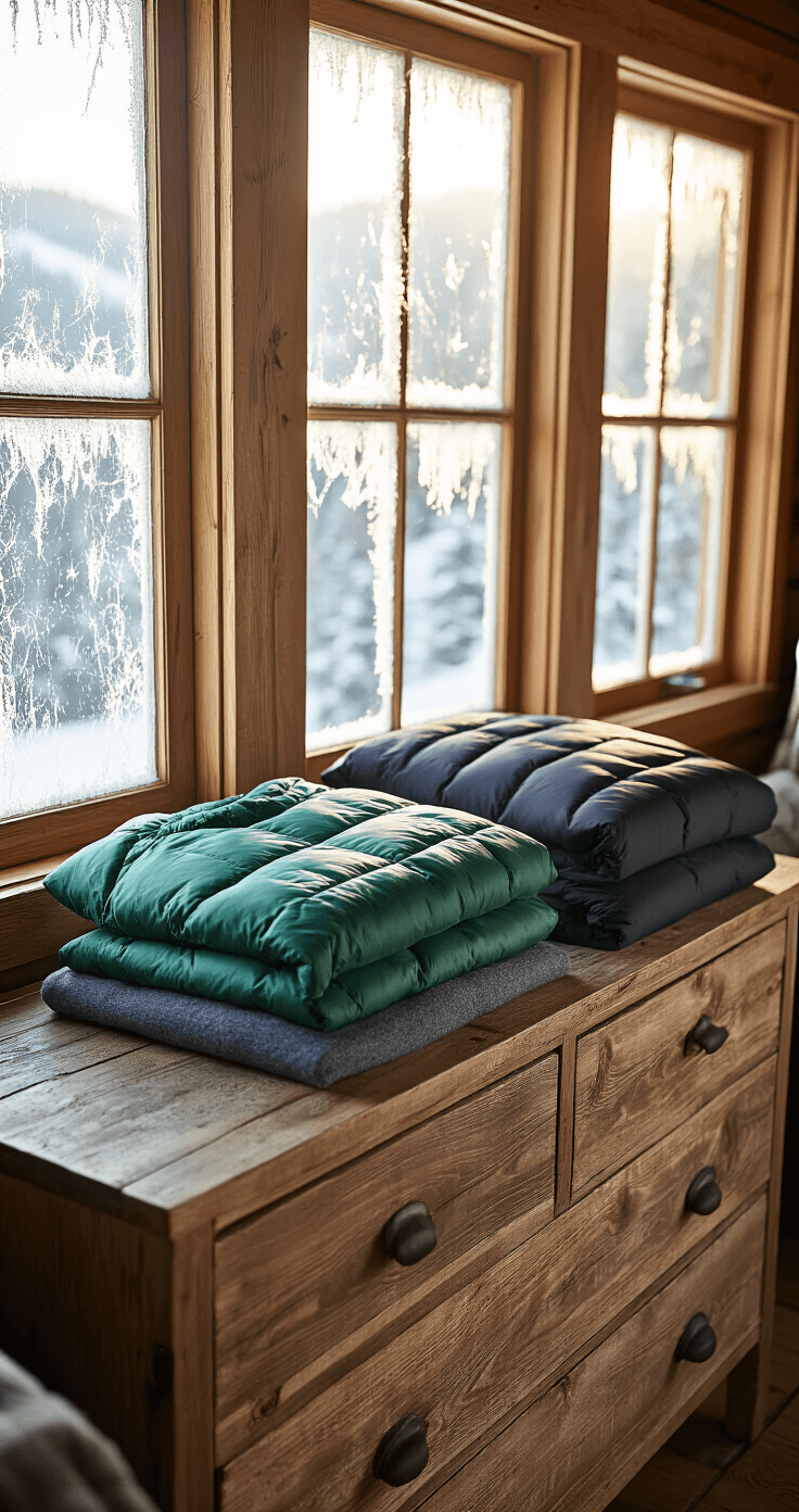 A cozy mountain cabin bedroom featuring a three-layer winter clothing system on a rustic wooden dresser, illuminated by soft golden hour light through frost-covered windows, showcasing a charcoal gray merino wool base layer, an emerald green fleece mid-layer, and a sleek black waterproof outer shell jacket. The scene exhibits rich textures and warm neutral tones with touches of forest green and deep charcoal, creating an inviting atmosphere.