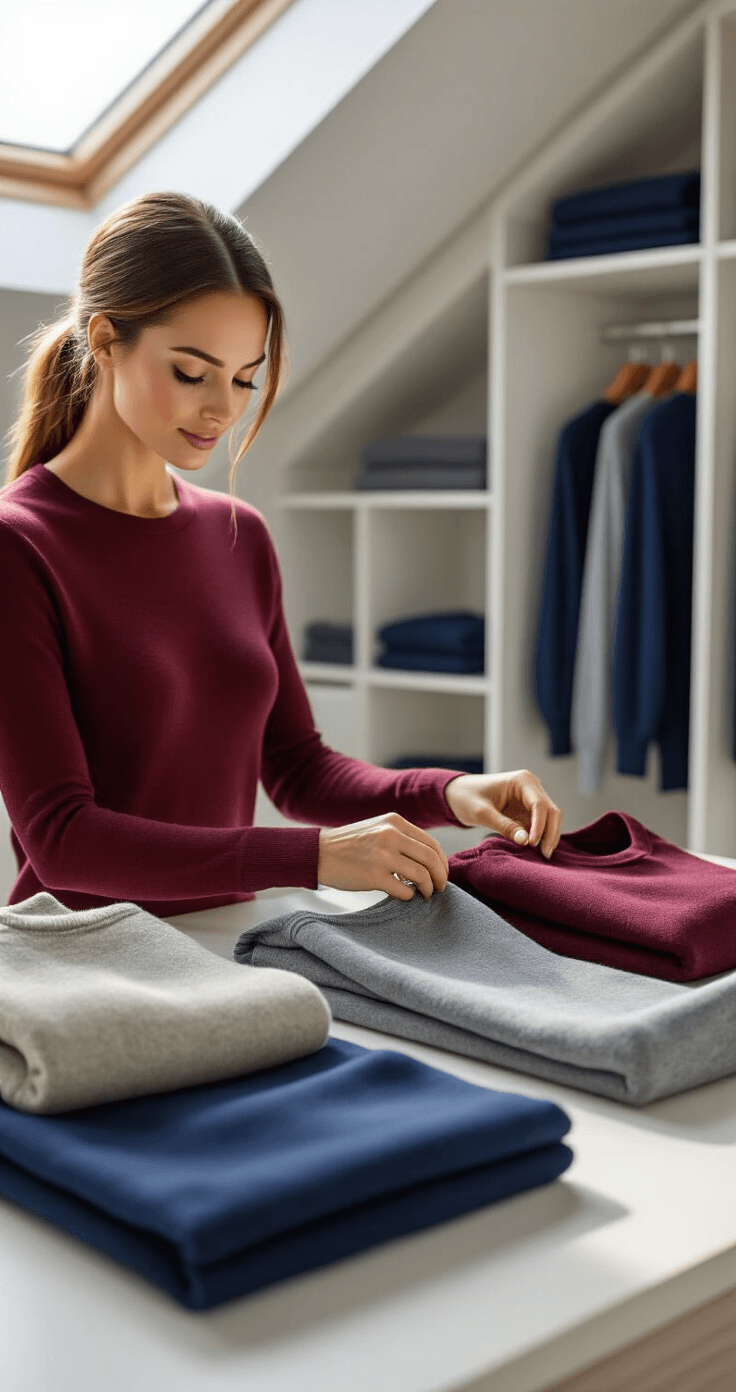 A close-up of a woman's hands arranging luxurious merino wool base layers on a modern closet island, featuring a burgundy long-sleeve top and heather gray thermal leggings, with deep navy synthetic layers, all illuminated by bright midday sunlight.