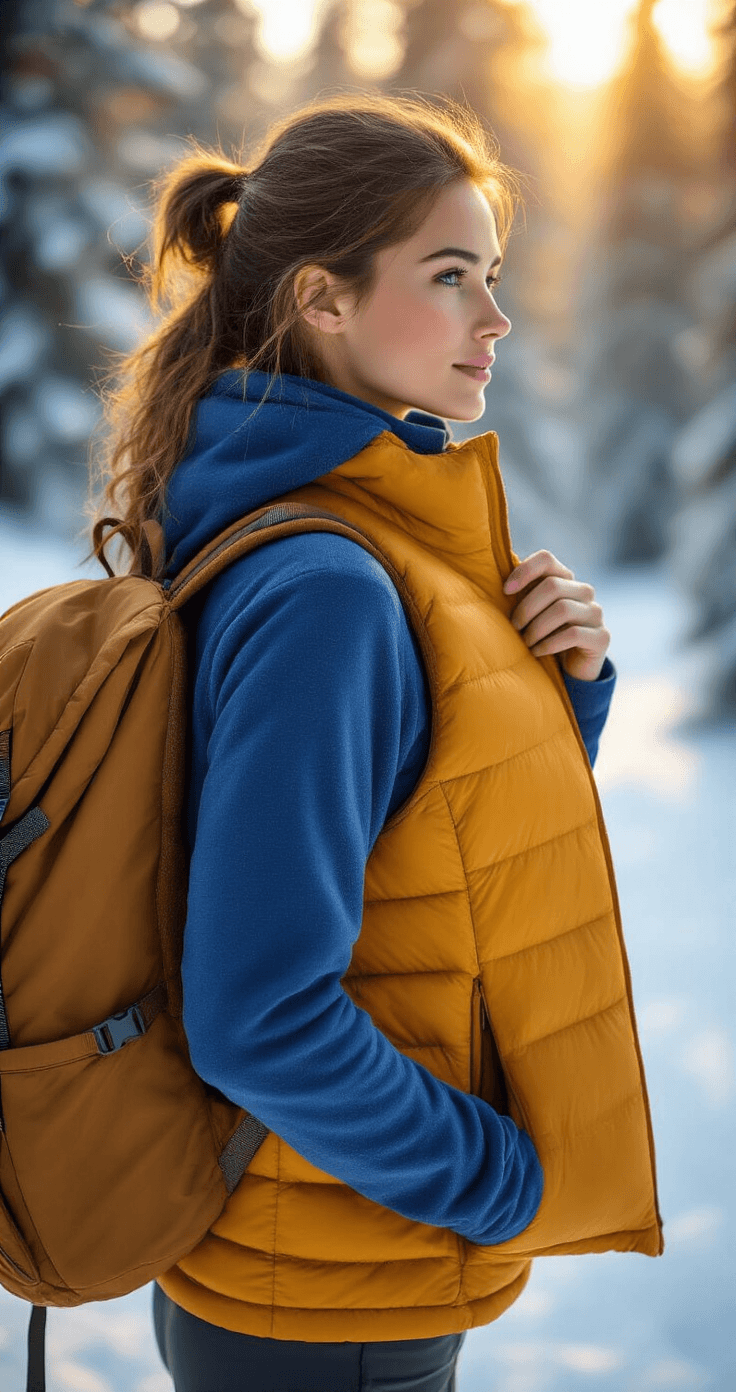 A female hiker in a royal blue fleece jacket adjusts her mid-layer against a backdrop of snow-covered pine trees during golden hour, with warm amber light creating dramatic contrasts. A mustard yellow down vest hangs from her backpack, highlighting the texture of the fleece and down. The composition captures the beauty of winter layering in a harmonious blend of cool blues and warm tones, with a softly blurred background and sharp focus on the insulated layers.