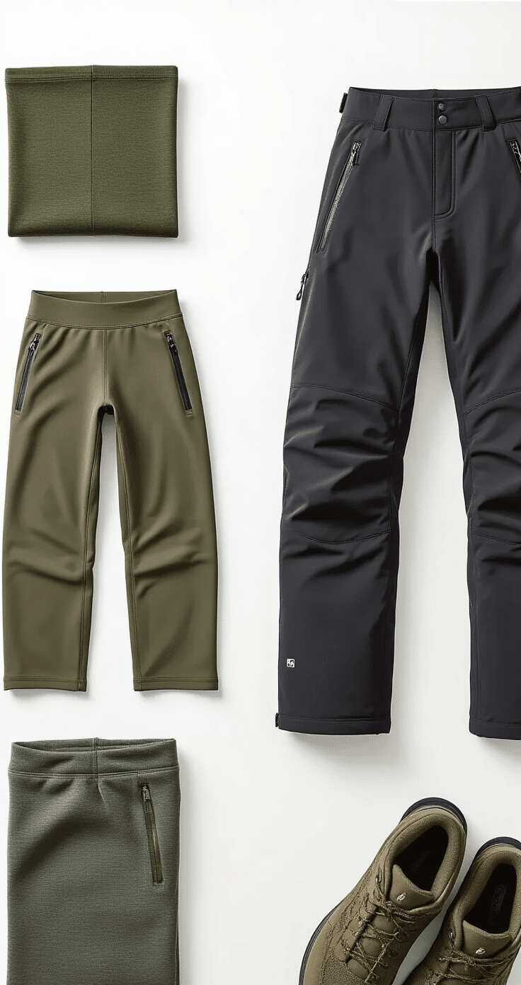 A flat lay photograph of winter hiking bottom layers on a bright white background, featuring deep charcoal thermal leggings, olive green water-resistant softshell pants, and classic black insulated snow pants, highlighting rich textures and functional styling.