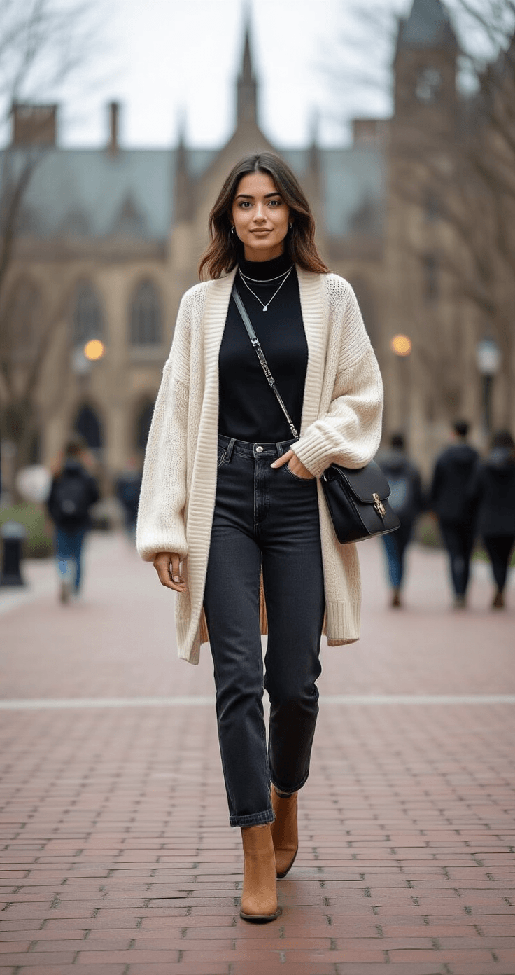 A confident student walks across a brick courtyard on an urban campus during midday, dressed in a fitted black turtleneck, oversized cream cardigan, high-waisted dark wash jeans, and tan suede ankle boots, with a structured black leather crossbody bag and silver necklaces. Blurred students and gothic architecture create an authentic college atmosphere.