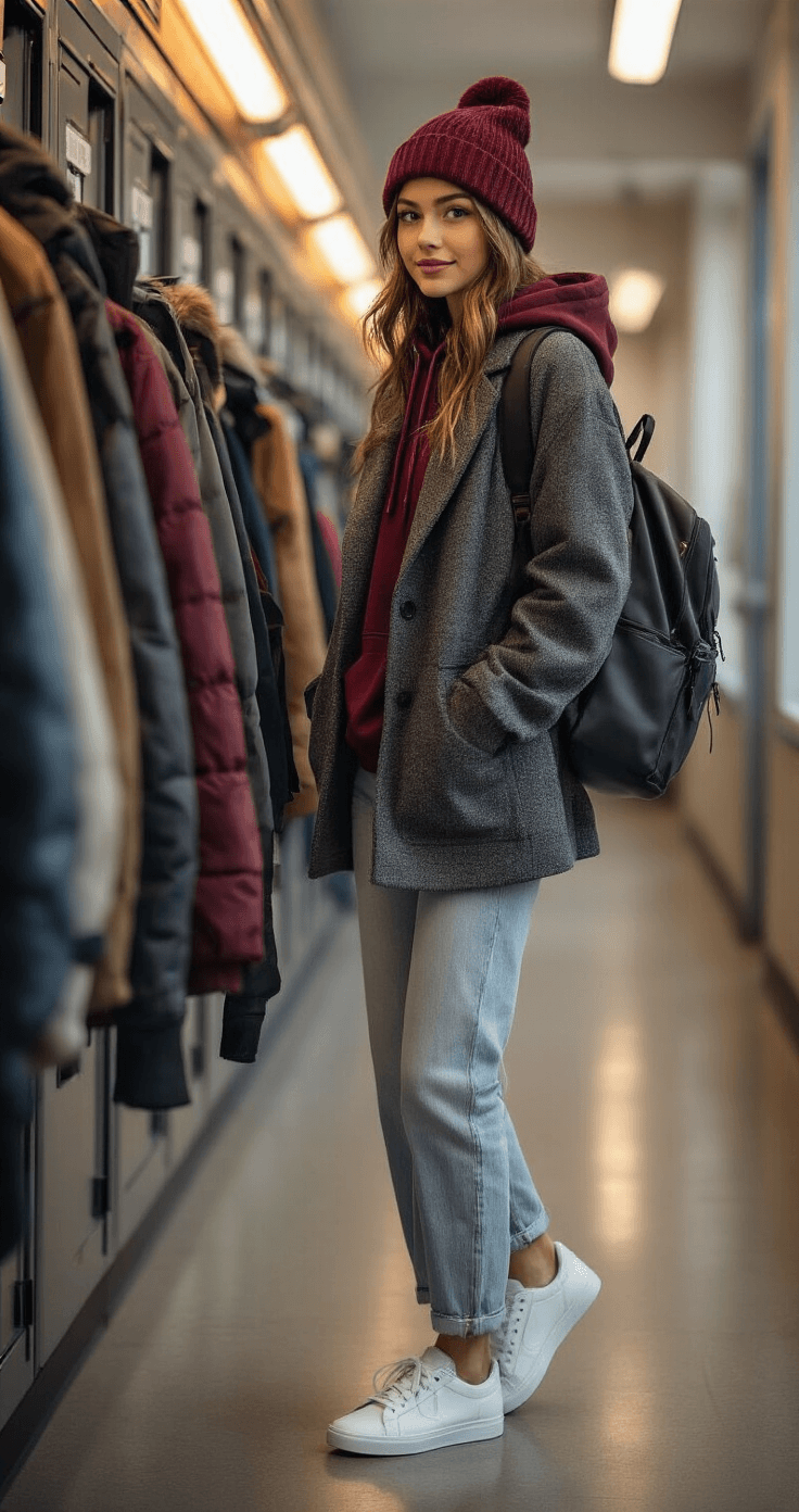 A stylish student in a charcoal grey oversized blazer over a burgundy hoodie organizes her winter outerwear in a softly-lit school locker area during the afternoon. She wears relaxed-fit light wash jeans, white leather sneakers, and a matching burgundy knit beanie, with a canvas backpack beside her. The warm fluorescent and natural light creates an authentic school atmosphere, highlighting her comfortable yet fashionable outfit.