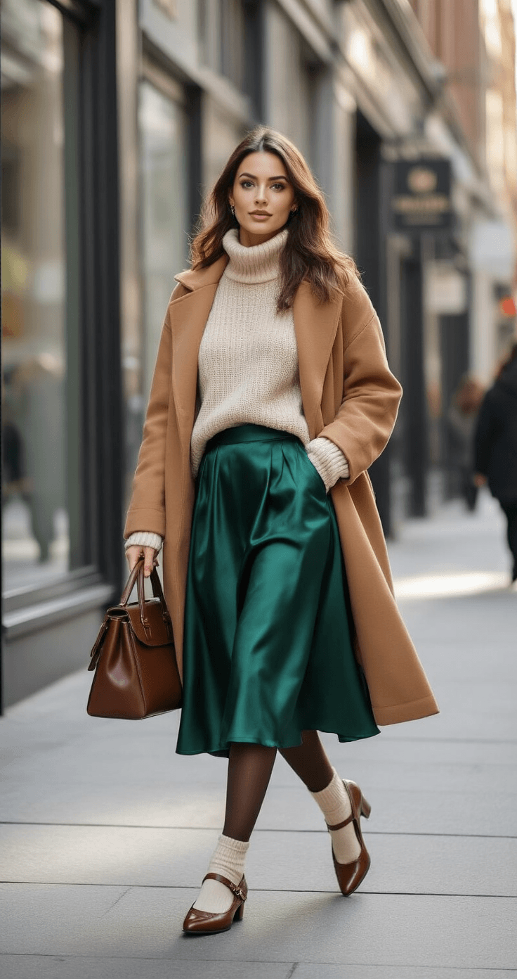 A stylish woman in an emerald green satin skirt and oversized oatmeal chunky knit sweater walks confidently on a sunny city sidewalk, showcasing her outfit with thick brown tights and polished Mary Jane shoes, a tailored camel coat draped over her shoulders, with modern storefronts reflecting sunlight in the background.