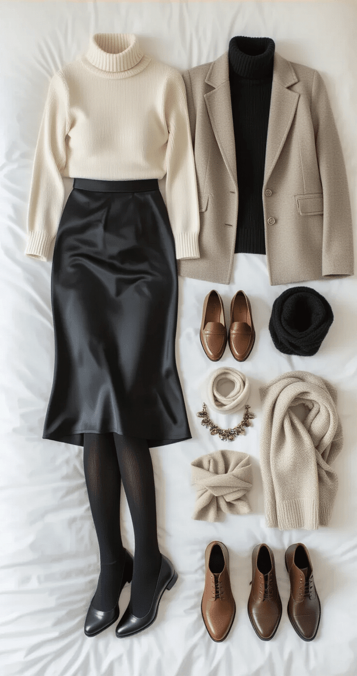 An overhead shot of a minimalist bedroom featuring a neatly arranged bed with winter outfit combinations, including a black satin midi skirt, cream and black turtlenecks, tights, leather loafers, suede ankle boots, a wool blazer, cashmere cardigan, scarves, and statement jewelry, all styled with soft ambient window light and a rich color palette of burgundy, navy, and cream.