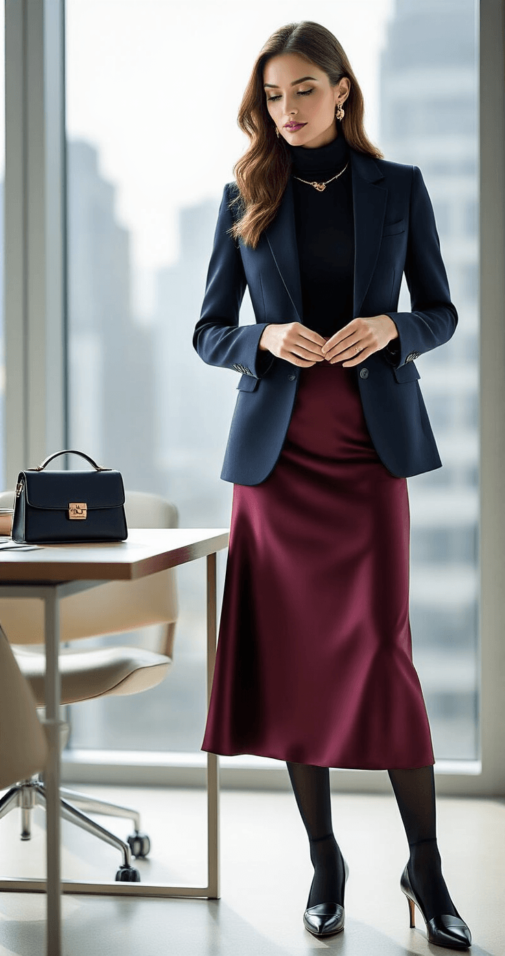 A professional woman in a fitted black turtleneck and structured navy blazer adjusts her burgundy satin skirt in a modern office, with morning light streaming through floor-to-ceiling windows. She is surrounded by elegant styling accessories, including opaque black tights, leather loafers, a minimalist handbag, and delicate gold jewelry, all showcasing a balance of polished professional and feminine style.