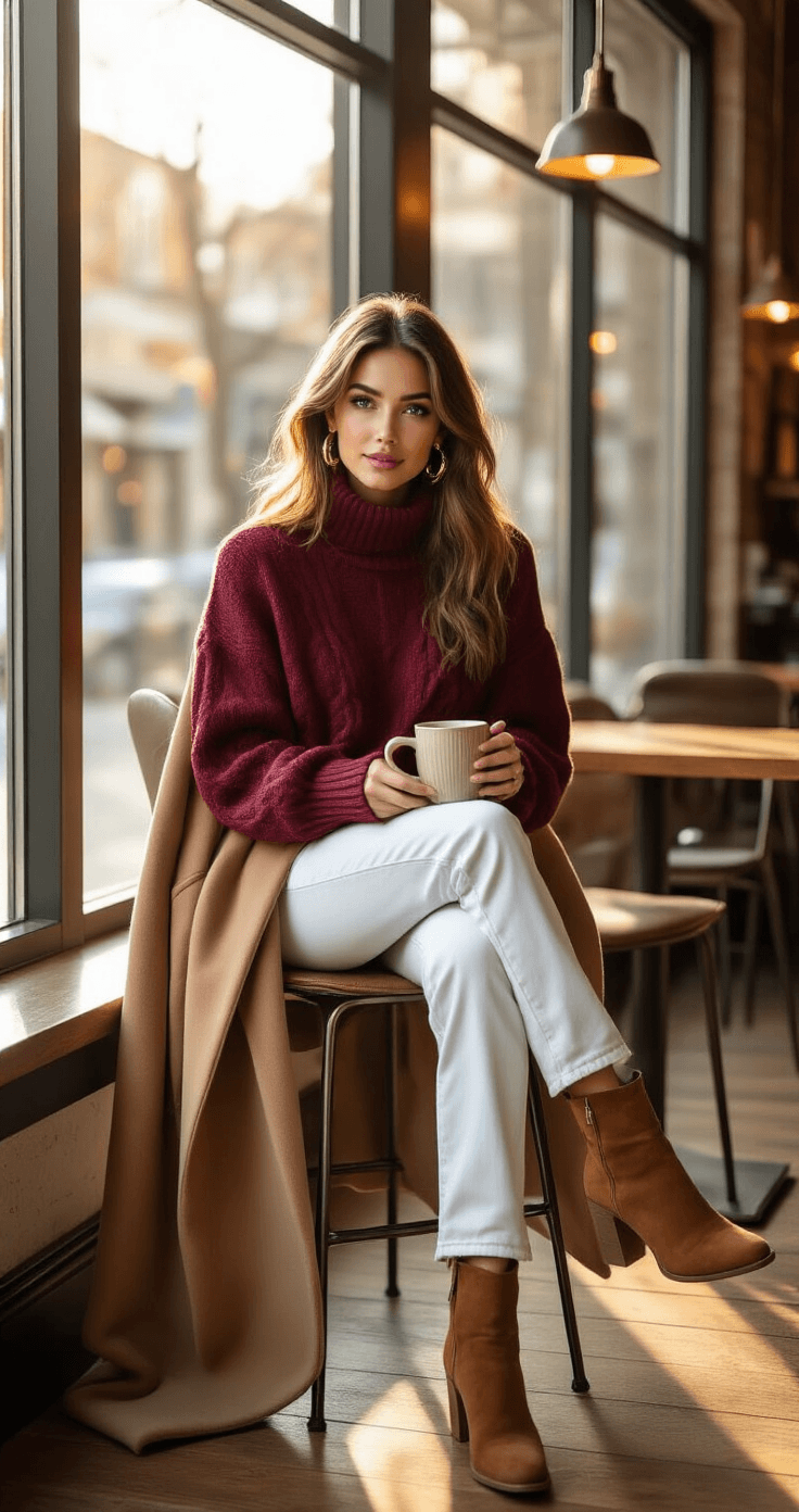A fashionable woman in a chic urban coffee shop during golden hour, wearing white straight-leg jeans and an oversized burgundy cable-knit sweater, seated by floor-to-ceiling windows with warm natural light. Her brown suede ankle boots rest on the hardwood floor, and a long camel wool coat drapes over a modern steel chair. Gold hoop earrings catch the light as she holds a ceramic coffee mug, surrounded by warm neutrals of white, burgundy, camel, and chocolate brown accents. Shot with shallow depth of field, creating a cozy and sophisticated atmosphere.