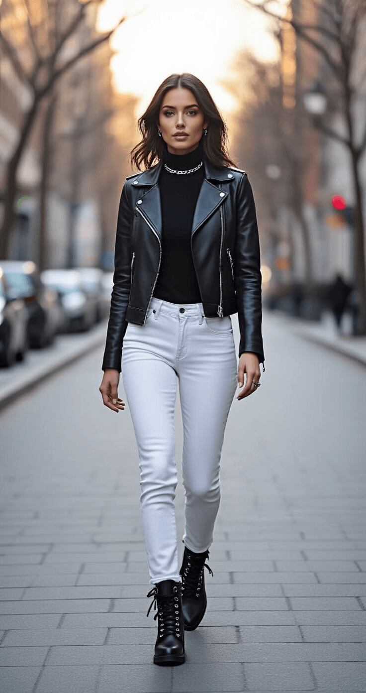 An elegant woman in fitted white skinny jeans and a black ribbed turtleneck, layered under a black leather moto jacket, walks confidently down a tree-lined city street in late afternoon light. Her outfit is completed with black combat boots and silver jewelry, contrasting against the charcoal grey sidewalk and bare winter trees. The image captures her mid-stride from a street-level perspective, emphasizing her sleek silhouette and modern style.