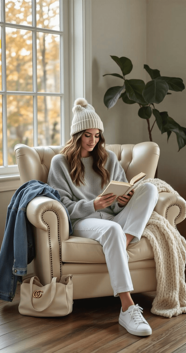 A relaxed woman in white boyfriend jeans and a grey cashmere sweater sits in a cream leather armchair, reading a book in a cozy living room. The space features warm wood accents, neutral colors, and rich textures, including a chunky knit throw and a denim jacket draped over the chair, creating an inviting atmosphere during the early evening glow.