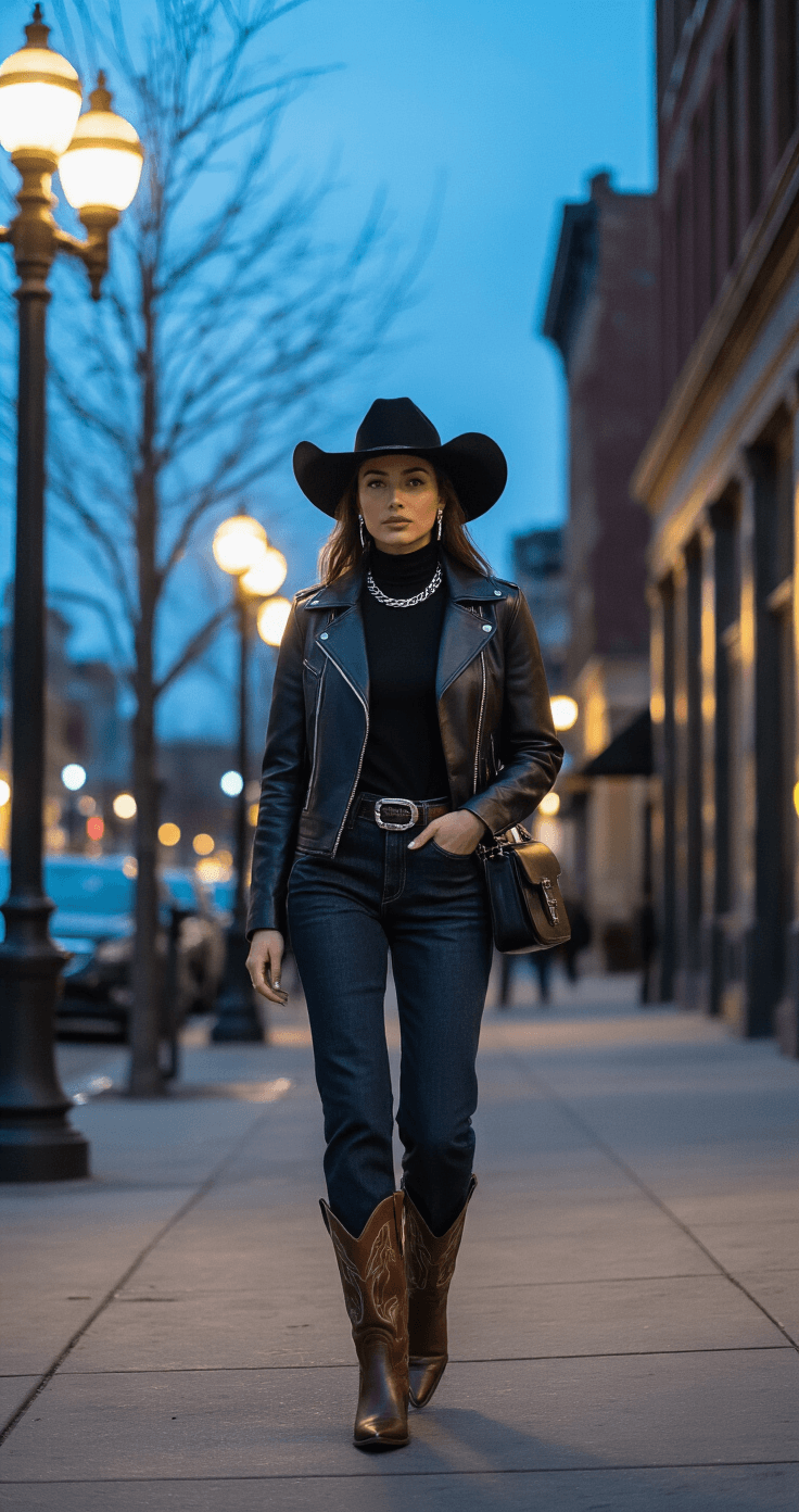 A woman in a stylish all-black outfit walks confidently on a chic downtown sidewalk during blue hour, complemented by brown leather cowboy boots and silver jewelry, with warm streetlamp lighting accentuating her look.