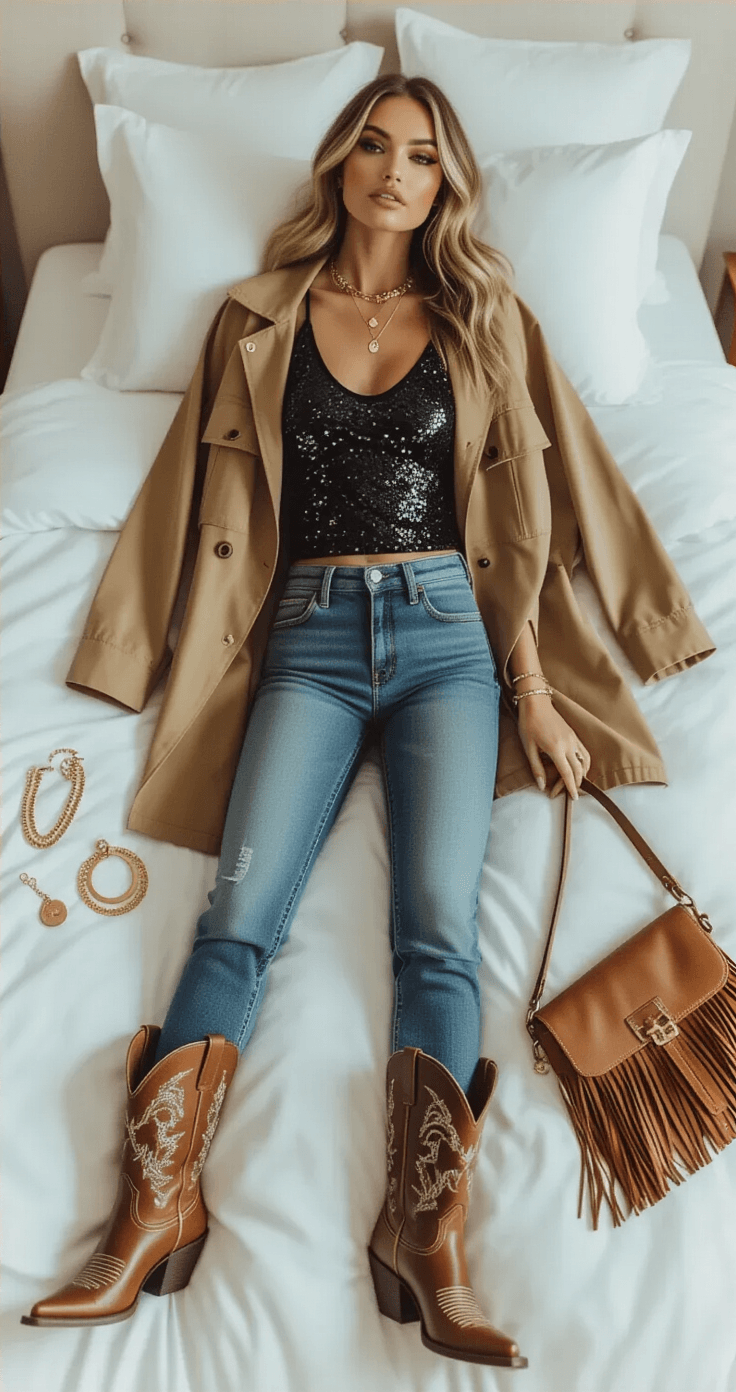 A modern minimalist bedroom featuring soft natural light from floor-to-ceiling windows, showcasing a sequined black tank top, high-waisted straight-leg jeans, a tan utility barn coat, distressed brown cowboy boots on white bedding, delicate gold jewelry, and a leather fringe crossbody bag, all captured from above in a harmonious blend of glamorous and rugged elements.