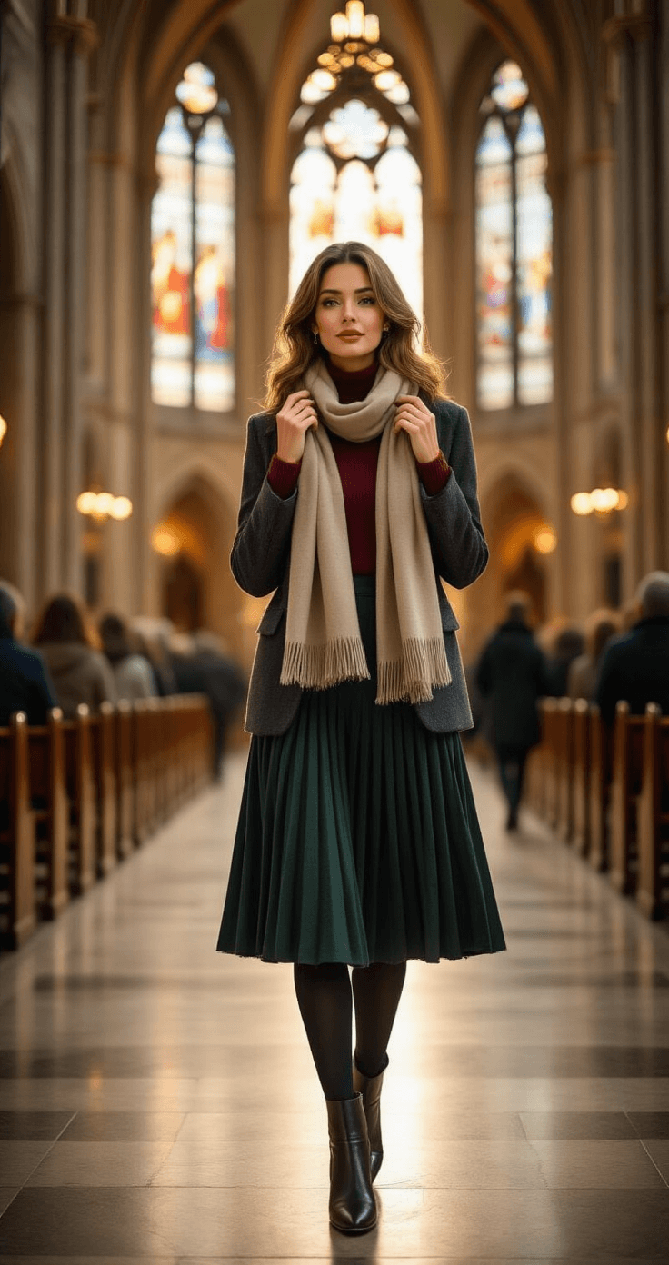A stylish woman in a burgundy ribbed turtleneck and charcoal wool blazer adjusts her cashmere scarf in a warmly lit cathedral foyer, with golden light streaming through stained glass windows. She wears a pleated deep forest green midi skirt and polished leather ankle boots, as other churchgoers softly blur in the background, capturing a moment of elegance and serenity.
