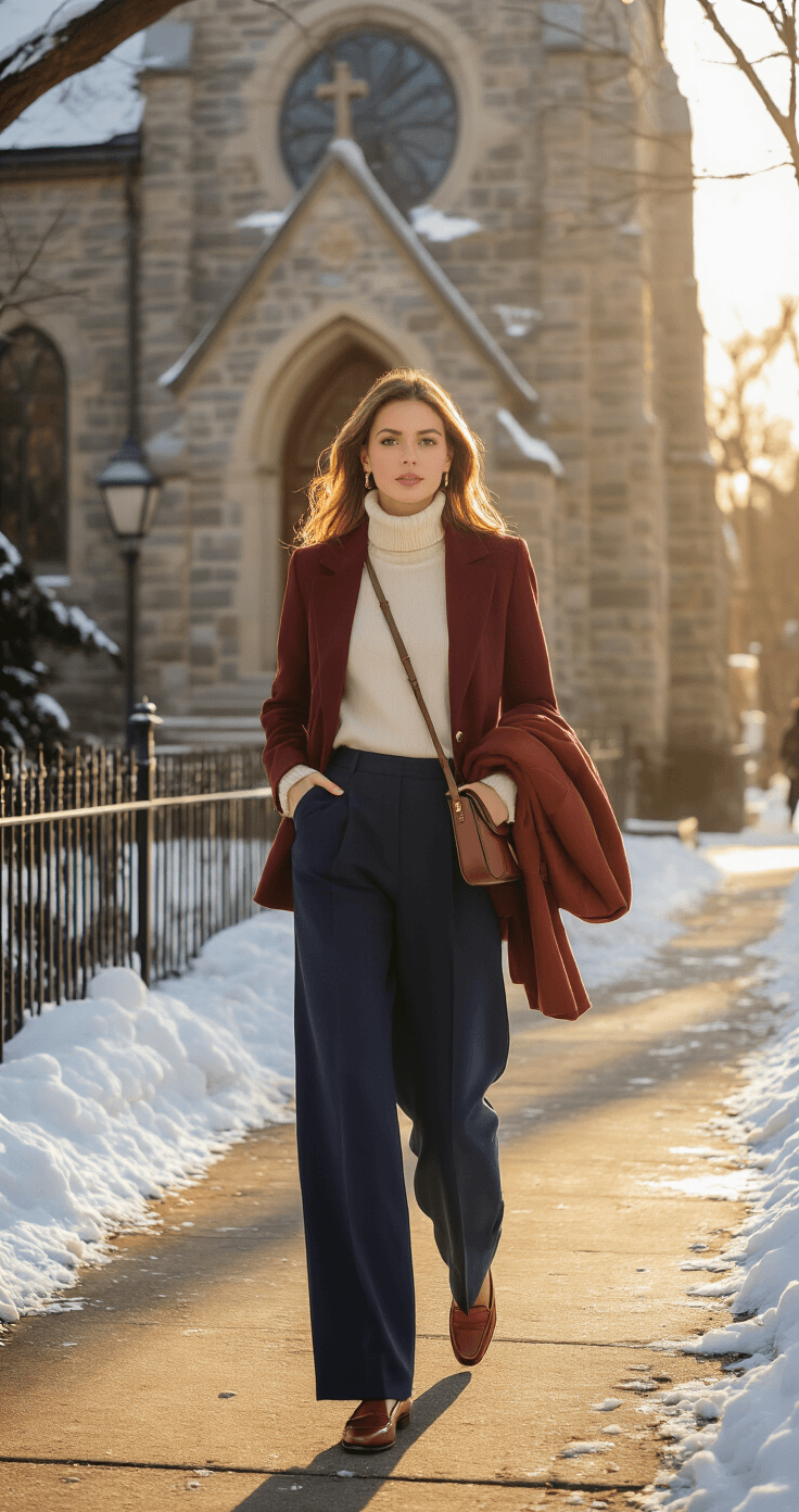 A confident woman in winter church chic attire walks toward a charming stone church, illuminated by golden hour light. She wears wide-leg navy trousers, a fitted cream turtleneck, and a burgundy blazer, complemented by cognac leather loafers and a matching crossbody bag. Snow crunches underfoot as she carries her coat over her arm, with her breath visible in the crisp air. The photo captures her mid-stride at a three-quarter angle, showcasing her stylish silhouette against the historic backdrop.
