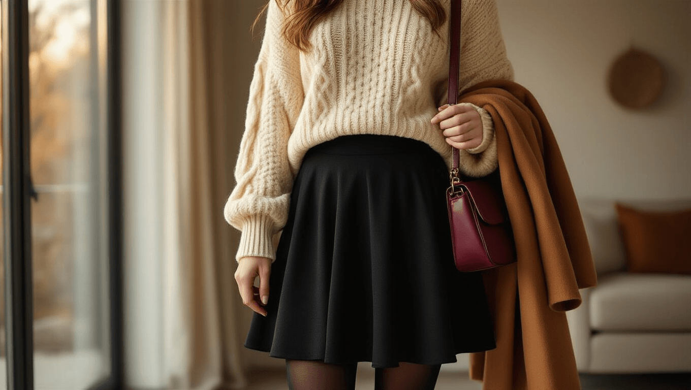 Elegant winter outfit featuring a black A-line midi skirt, cream chunky knit sweater, and cognac ankle boots, set in a cozy minimalist living room with warm golden hour lighting.