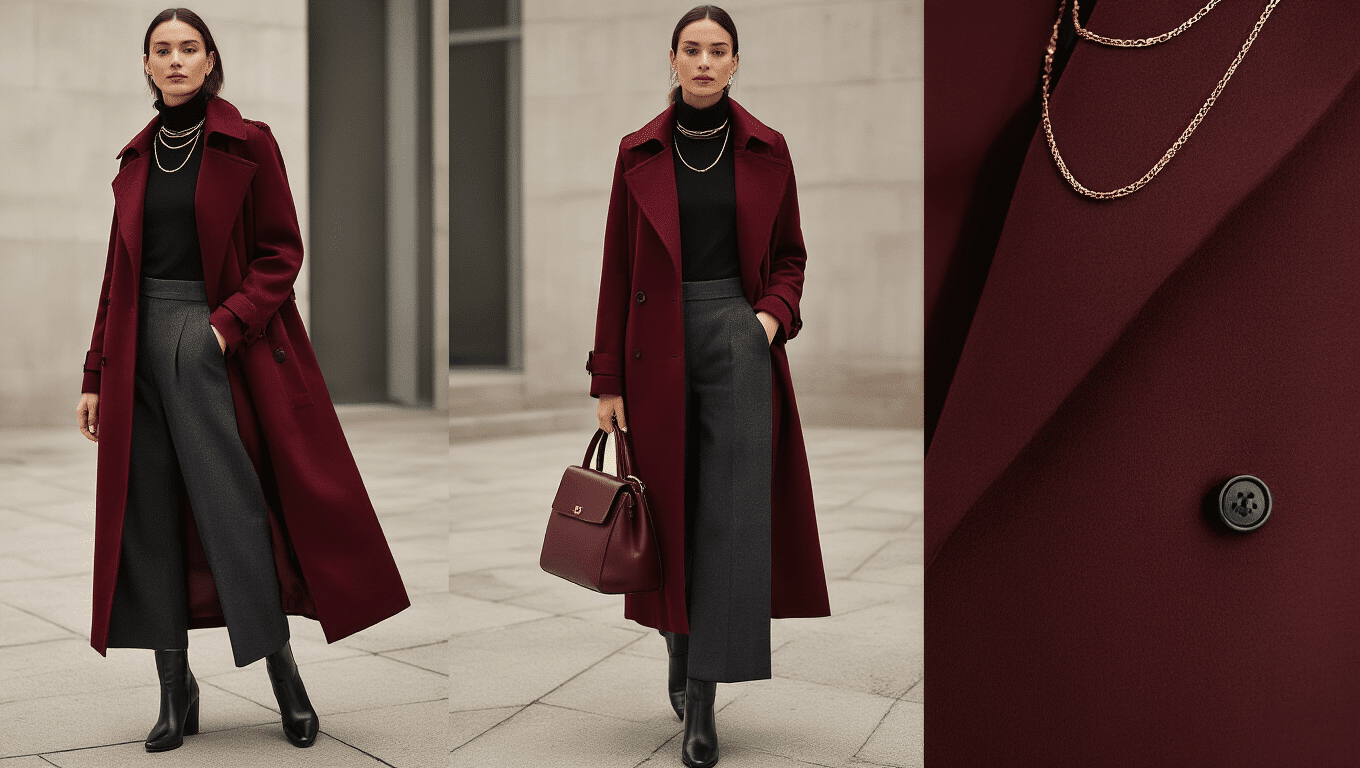 Cinematic portrait of a sophisticated woman in a burgundy trench coat and black turtleneck, standing in a minimalist urban courtyard with soft winter daylight highlighting her outfit's textures.