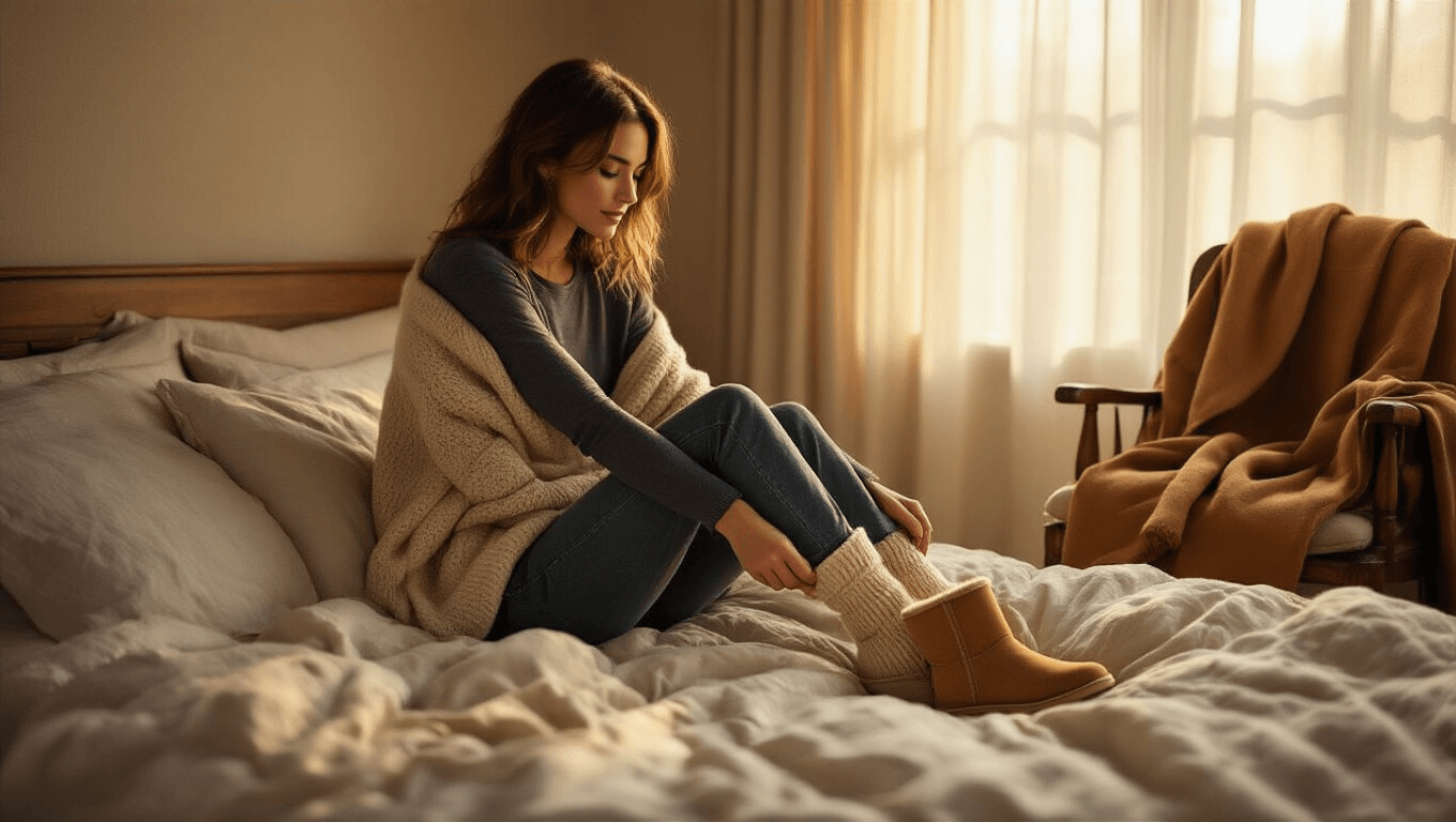 A cozy bedroom scene bathed in warm golden morning light, featuring a woman in a fitted thermal top and high-waisted jeans putting on cream cable-knit socks and sand-colored UGG boots, with an oversized oatmeal sweater and camel coat draped over a vintage chair. The room showcases rich textures of suede, wool, and denim in soft shadows and a warm neutral palette.