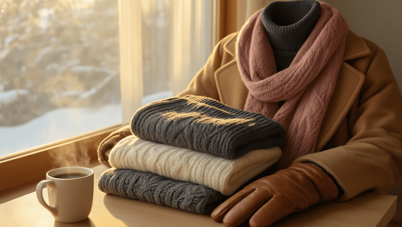 Cinematic close-up of layered Japanese winter clothing on a minimalist wooden surface, featuring a cream thermal base layer, charcoal turtleneck, camel coat, dark fleece-lined jeans, dusty rose scarf, cognac gloves, and merino wool socks, illuminated by warm golden hour light, with steam rising from a nearby coffee cup.