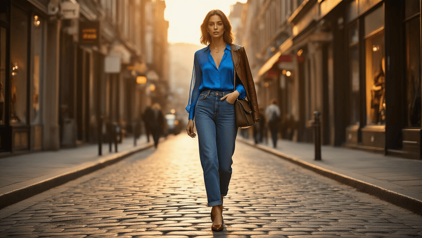 A confident woman walks along a cobblestone street during golden hour, wearing an electric Klein blue sheer silk blouse, high-waisted indigo denim, and chocolate leather ballet flats. She carries a structured olive crossbody bag and has a cropped leather jacket draped over her shoulders, accented by minimal gold jewelry. Warm amber sunlight enhances the silk's translucency and the rich textures of her outfit against a neutral urban boutique backdrop, captured with a 35mm lens for a cinematic film grain aesthetic.