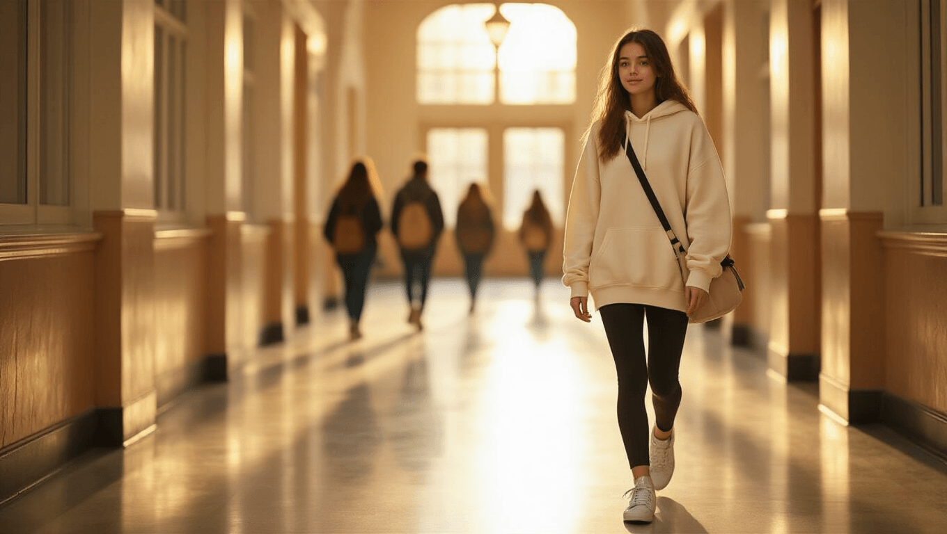 Stylish teenage girl in an oversized cream hoodie and black leggings walks confidently down a sunlit school hallway, with warm golden light illuminating the scene and creating soft shadows on the polished floor. She carries a crossbody canvas bag, and the cozy textures of her outfit are highlighted against a blurred background of students.