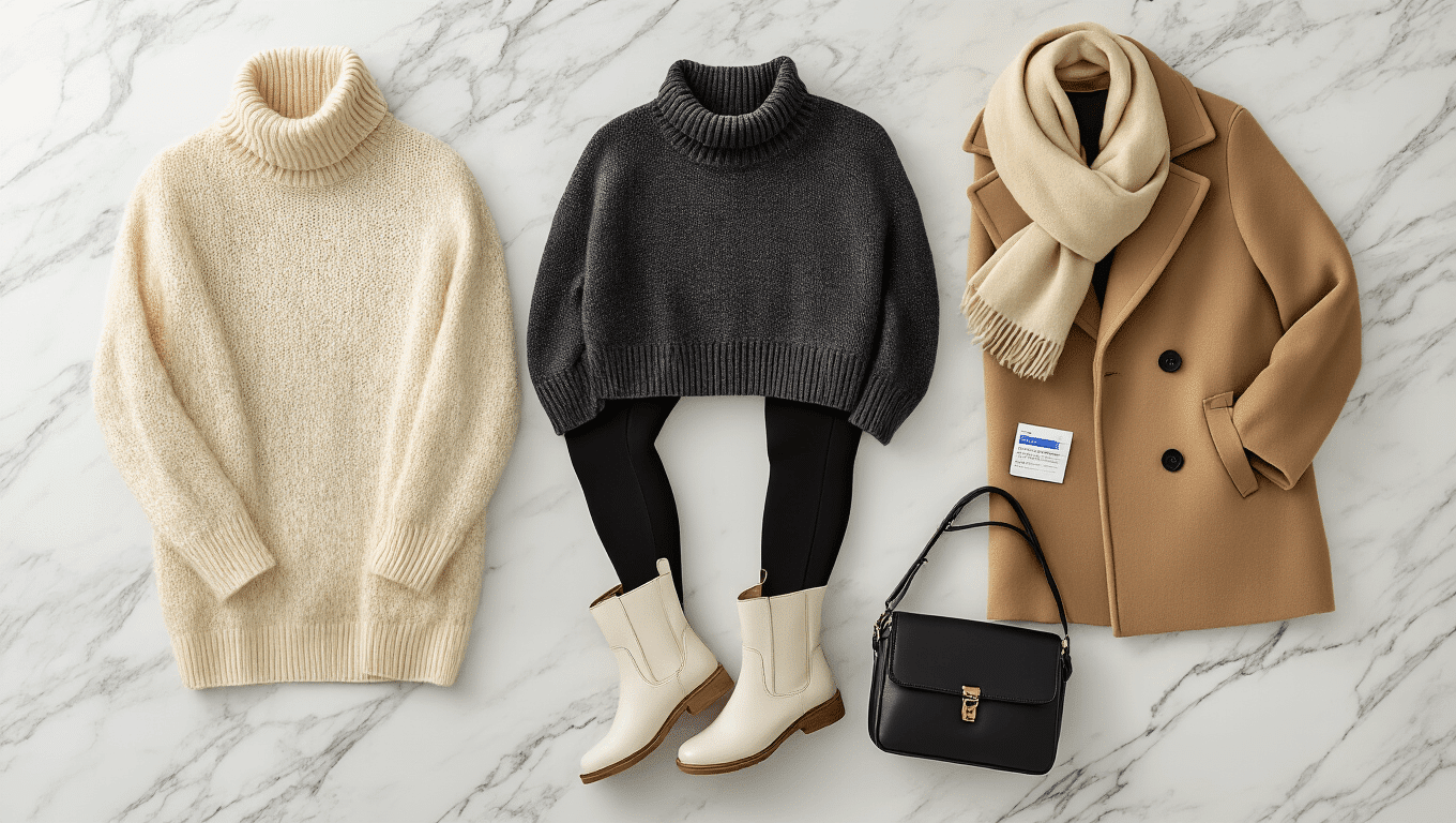 Cinematic flat lay of winter airport fashion essentials on a white marble surface, featuring a cream merino wool turtleneck, oversized charcoal knit sweater, fleece-lined black leggings, structured camel wool coat, white leather Chelsea boots, oatmeal cashmere scarf, and a black leather crossbody bag with a visible boarding pass, all highlighted by soft golden hour lighting and a neutral color palette.