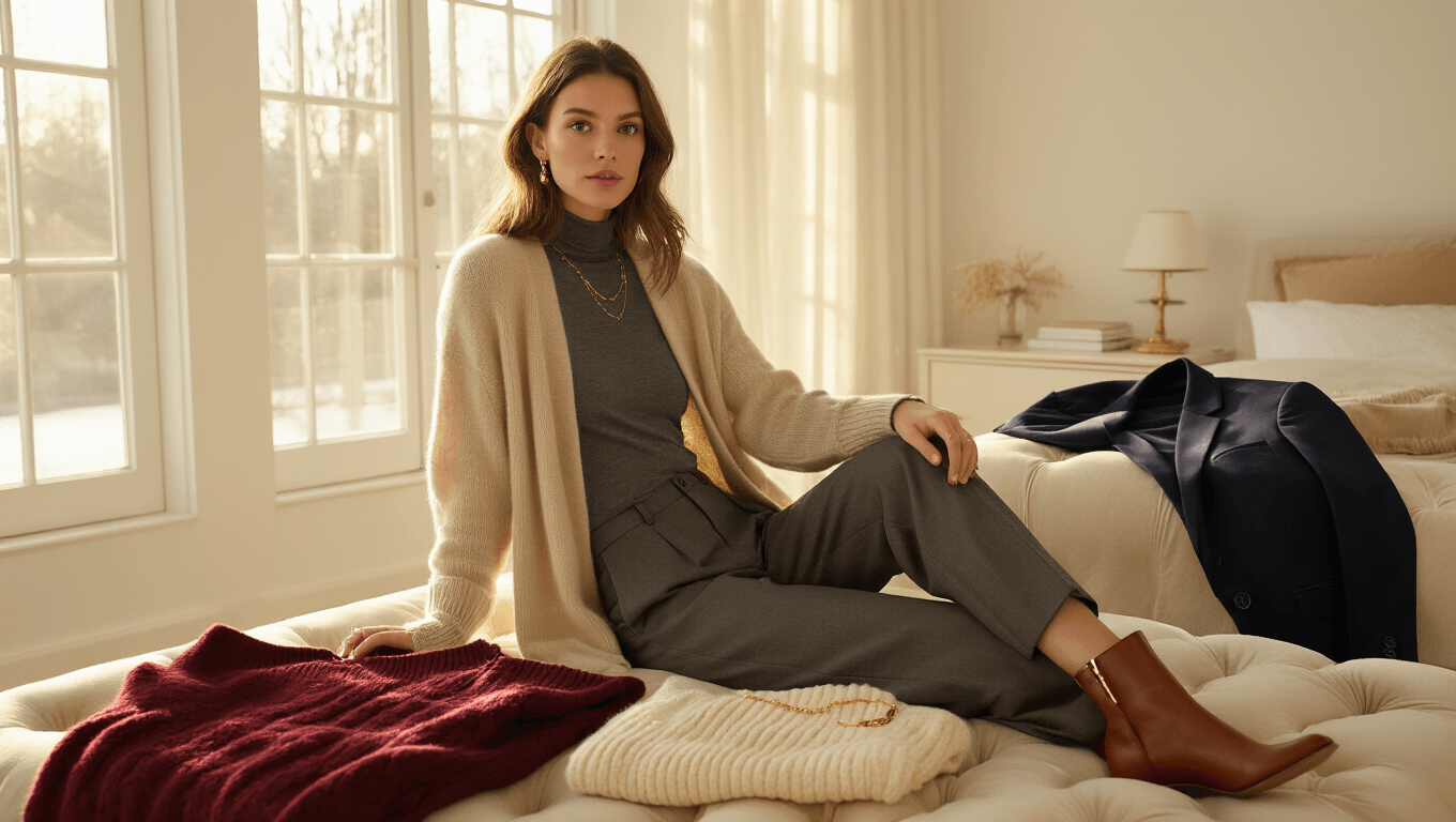 Cinematic shot of a winter brunch outfit featuring a woman styling an oatmeal cashmere cardigan over a charcoal long-sleeve top, with tailored grey wool trousers and cognac leather ankle boots, set in a softly lit minimalist bedroom with warm sunlight and cozy decor.