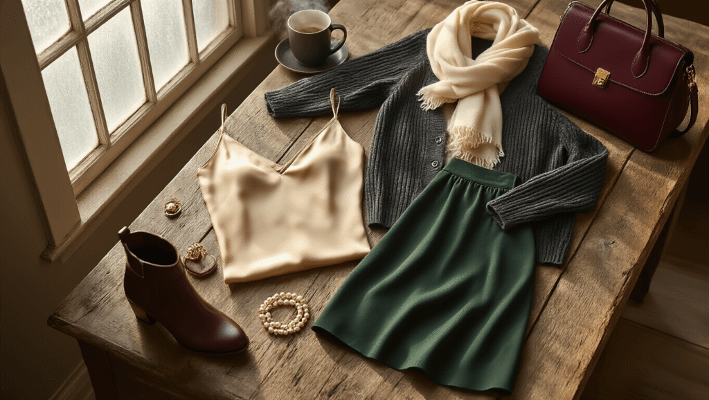 Cinematic overhead flatlay of winter church outfit essentials on a weathered oak vanity, featuring a champagne silk camisole, charcoal wool cardigan, deep forest midi skirt, fleece-lined tights, and polished leather ankle boots, complemented by pearl studs, a gold bracelet, and a cream cashmere scarf, with a rich burgundy leather handbag and a steaming coffee mug, all bathed in soft morning light and gentle shadows.