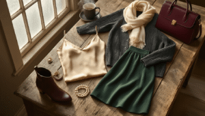 Cinematic overhead flatlay of winter church outfit essentials on a weathered oak vanity, featuring a champagne silk camisole, charcoal wool cardigan, deep forest midi skirt, fleece-lined tights, and polished leather ankle boots, complemented by pearl studs, a gold bracelet, and a cream cashmere scarf, with a rich burgundy leather handbag and a steaming coffee mug, all bathed in soft morning light and gentle shadows.