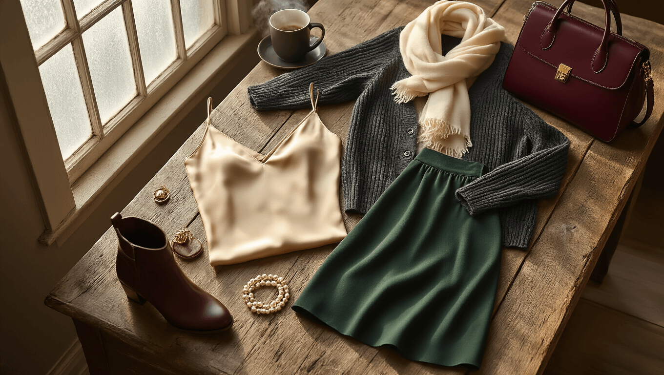 Cinematic overhead flatlay of winter church outfit essentials on a weathered oak vanity, featuring a champagne silk camisole, charcoal wool cardigan, deep forest midi skirt, fleece-lined tights, and polished leather ankle boots, complemented by pearl studs, a gold bracelet, and a cream cashmere scarf, with a rich burgundy leather handbag and a steaming coffee mug, all bathed in soft morning light and gentle shadows.