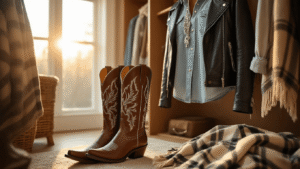 A sunlit walk-in closet showcases a winter country concert outfit, featuring brown leather cowboy boots, dark denim jeans, a light wash denim shirt, and a black leather biker jacket, all highlighted by warm amber light and cozy textures.