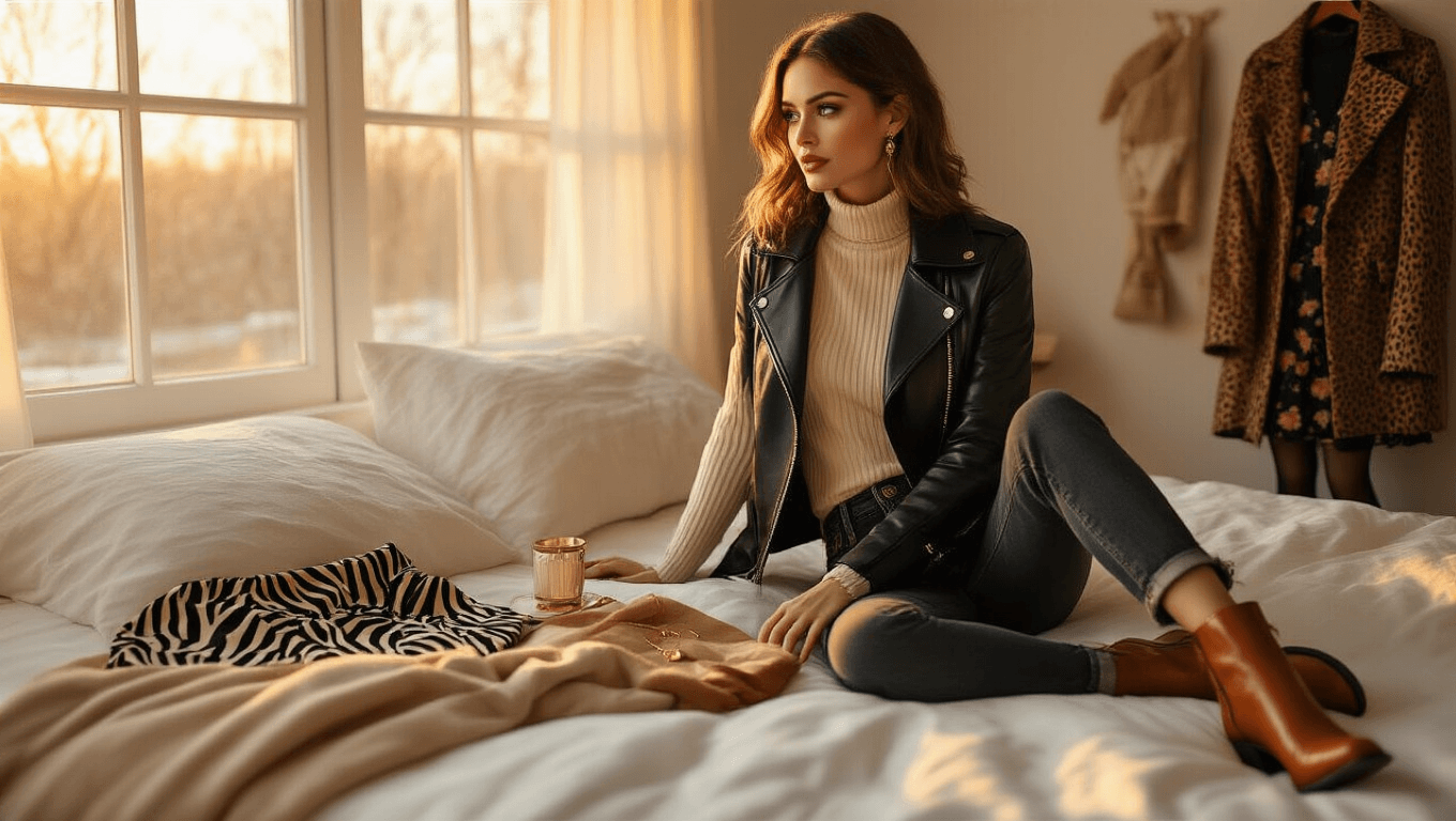 A cozy bedroom scene during golden hour featuring a winter date night outfit, including a cream ribbed turtleneck, dark wash jeans, a textured black faux leather jacket, delicate gold jewelry, cognac ankle boots, and layered zebra print mini skirt with sheer tights, complemented by a leopard print wool coat and a floral midi dress, all bathed in warm amber light.