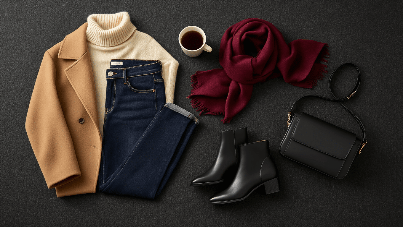 Cinematic flat lay of winter fashion essentials on charcoal wool backdrop, featuring dark indigo jeans, cream cashmere turtleneck, camel wool coat, black ankle boots, structured crossbody bag, and a burgundy scarf, all accentuated by warm golden hour lighting and a steaming coffee cup.