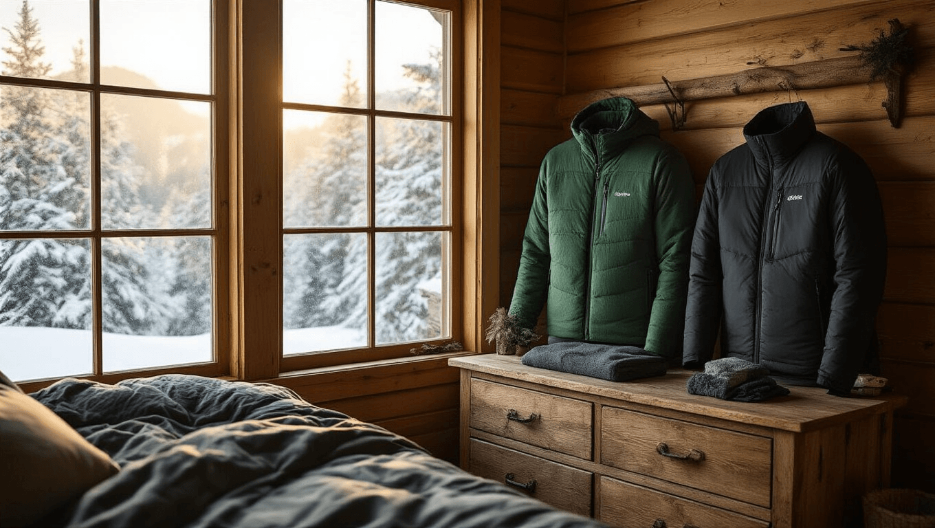 Cozy mountain cabin bedroom with a winter clothing system displayed on a rustic dresser, featuring charcoal gray merino wool, emerald green fleece, and a black waterproof shell jacket, illuminated by golden hour light with snow-dusted pine trees outside.