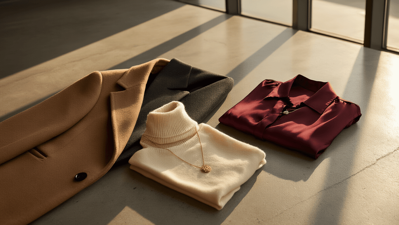 Cinematic close-up of a textured camel wool coat over a charcoal blazer, with a cream merino turtleneck and burgundy silk blouse nearby, showcasing rich autumn colors, luxurious fabric textures, and warm golden hour lighting in a cozy professional workspace.