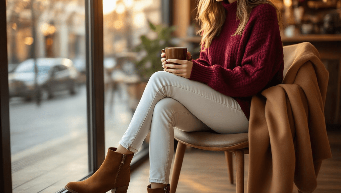 A chic woman in white straight-leg jeans and an oversized burgundy cable-knit sweater sits in a cozy coffee shop, holding a ceramic mug, with a camel wool coat draped over a modern chair, illuminated by soft golden hour light.