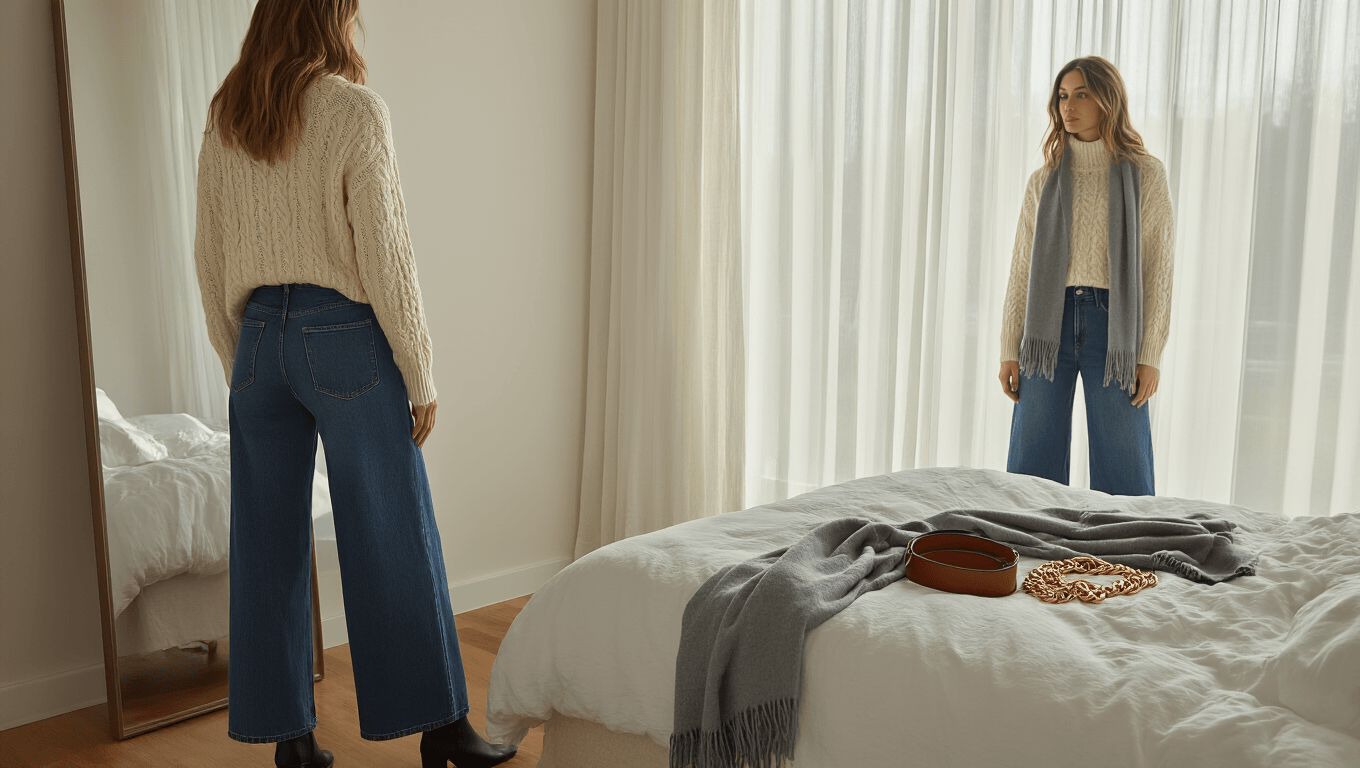 A woman in a cream cable knit sweater and indigo wide leg jeans stands before a floor-length mirror in a minimalist bedroom, with soft morning light illuminating a white linen bed and scattered styling accessories.