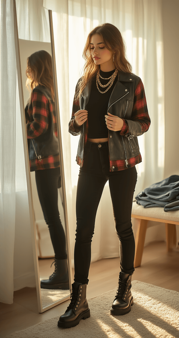 A stylish young woman in a modern bedroom layers a black thermal top with a flannel shirt and moto jacket, adjusting her sleeves in golden hour sunlight. She wears high-waisted black skinny jeans, gold layered necklaces, and combat boots, with neatly arranged clothes on a wooden bench nearby.