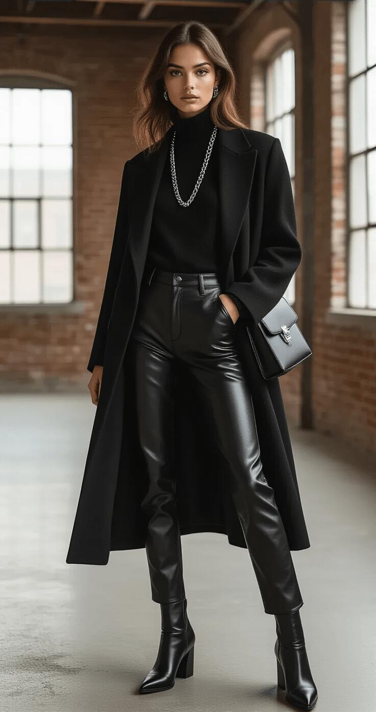 A model poses confidently in a chic urban loft wearing an all-black ensemble consisting of high-waisted faux leather pants, a cashmere blend turtleneck, and an oversized wool blazer, complemented by silver jewelry and block-heeled ankle boots. The soft afternoon light from large windows highlights the varied textures of matte cotton, glossy leather, and plush wool against concrete floors and exposed brick walls.