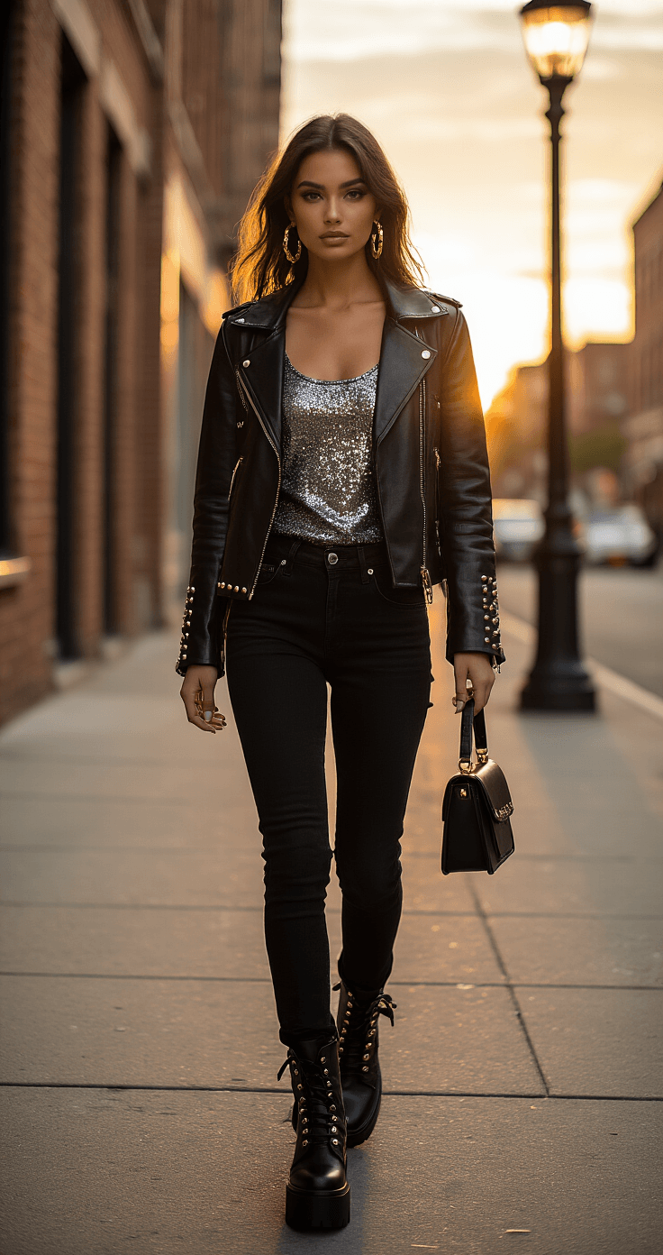 A confident woman strides down a trendy city sidewalk during golden hour, wearing black skinny jeans, a shimmering gunmetal gray sequin tank top, and a studded black leather moto jacket. Her chunky black platform combat boots and oversized gold hoop earrings complement her look, while warm evening light highlights the textures of her outfit against a backdrop of brick buildings and vintage lampposts.