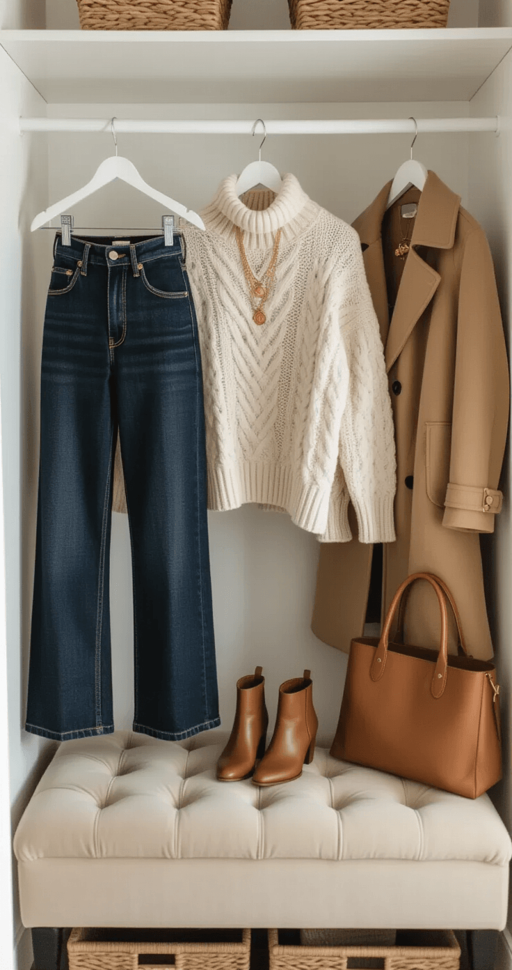 A cozy minimalist walk-in closet with winter concert outfit options neatly arranged, featuring dark wash high-waisted wide-leg jeans, a chunky cream cable-knit sweater, and a camel wool trench coat, illuminated by soft morning light. Accessories like brown leather ankle boots, gold layered necklaces, and a cognac leather tote complete the scene, shot from above at a 45-degree angle.