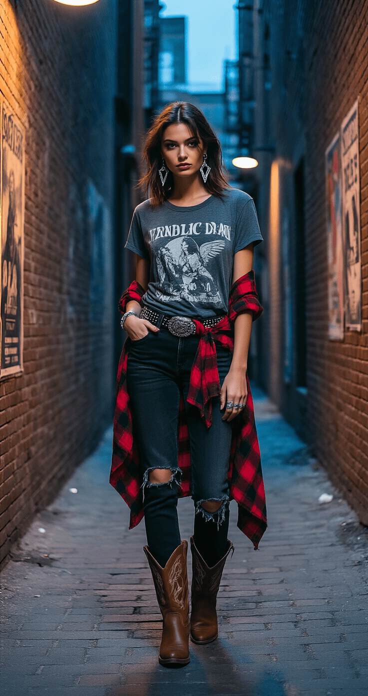 A model in distressed black jeans and a vintage band tee stands in a dimly lit urban alley, highlighted by a streetlight. She wears an oversized red flannel shirt tied around her waist, brown leather cowboy boots, and accessorizes with silver rings and geometric earrings. Brick walls adorned with vintage concert posters create an atmospheric backdrop. The low-angle shot emphasizes the edgy fashion and street photography aesthetic.