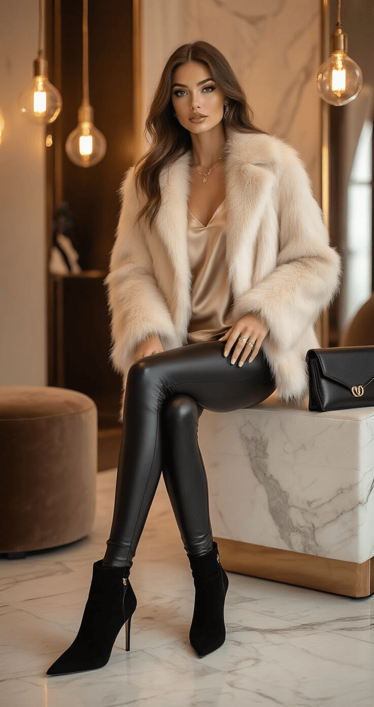 A sophisticated boutique dressing room scene featuring black faux leather leggings, a champagne silk camisole, and a cream cropped faux fur jacket, complemented by black suede ankle boots, rose gold jewelry, and a leather clutch, all illuminated by warm Edison bulb lighting with marble accents and velvet seating.