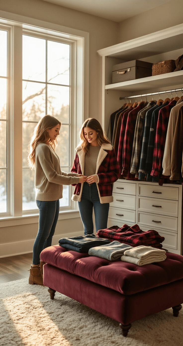 A young woman selects winter concert outfits in a well-lit walk-in closet, featuring thermal tops, flannel shirts, and cozy sweaters, with warm earth tones and jewel colors illuminated by golden hour light.