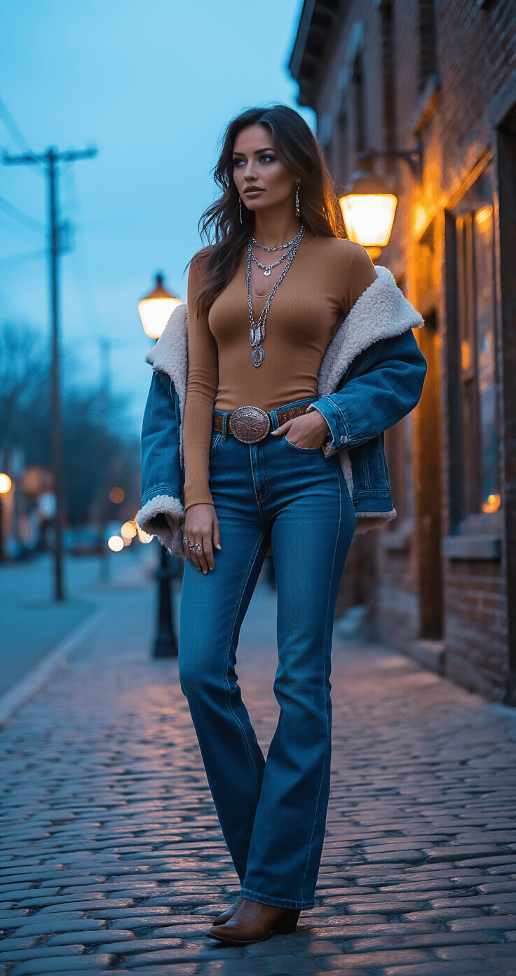 A confident woman models a classic cowgirl winter look on a cobblestone street corner at twilight, wearing high-waisted bootcut jeans, a fitted camel-colored bodysuit, and weathered leather cowboy boots, with a sherpa-lined denim jacket draped over one shoulder, layered silver necklaces, and a western buckle belt, as vintage streetlamps cast a warm glow in the cool evening air.