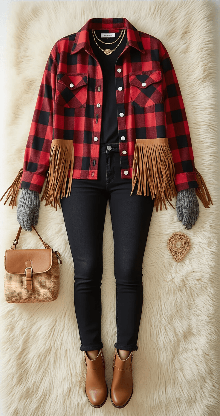 A flat lay of a cozy yet edgy country concert outfit featuring a red and black buffalo plaid flannel shirt, black skinny jeans, a cognac suede fringe jacket, and distressed leather ankle boots, arranged on a cream-colored rug with delicate gold accessories and a tan leather crossbody bag, all illuminated by soft morning light.